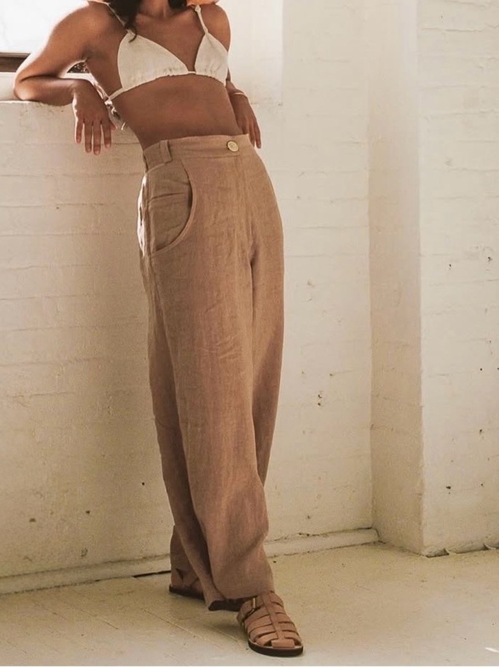 Bohème Goods Linen The Trouser in Tan Size 2 Medium adjustable hem EUC